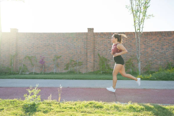 Vue Latérale Jeune Femme Sportive Faisant Jogging Sur Sentier Dans — Photo