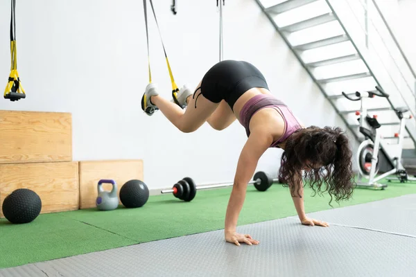 Sporty Latin Young Woman Doing Workout Suspension Training Gym — Stock Photo, Image