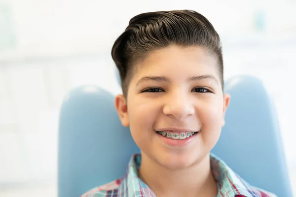 Closeup Portrait Smiling Cute Latin Boy Wearing Braces Dental Clinic — Stock Photo, Image