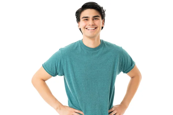 Portrait Happy Young Man Green Shirt Standing Hands Hip White — Stok Foto