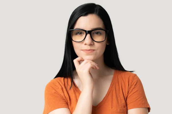 Closeup Confident Pretty Young Woman Eyeglasses Gray Background — Stock Photo, Image