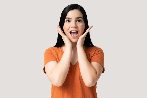 Astonished Caucasian Young Woman Mouth Wide Open Standing Studio — Stock Photo, Image