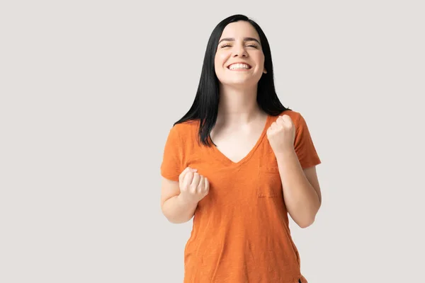Cheerful Caucasian Young Woman Clenched Fists Celebrating Success Studio — Stock Photo, Image