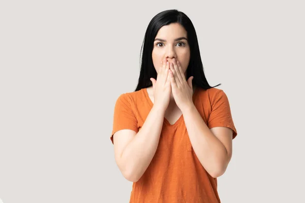 Portrait Young Woman Disbelief Covering Mouth Hands — Stock Photo, Image