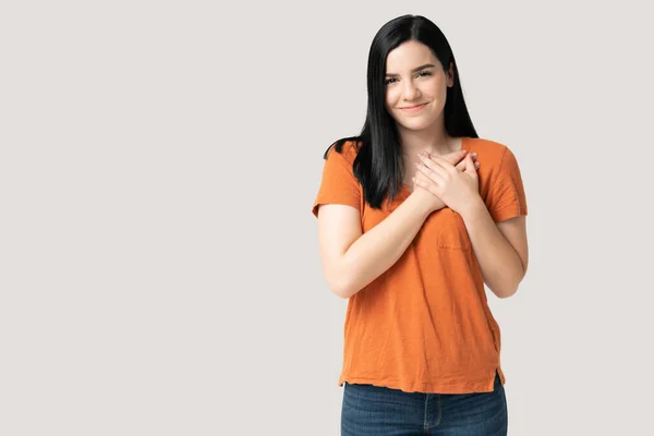 Smiling Beautiful Young Woman Keeping Both Palms Heart While Standing — Stock Photo, Image