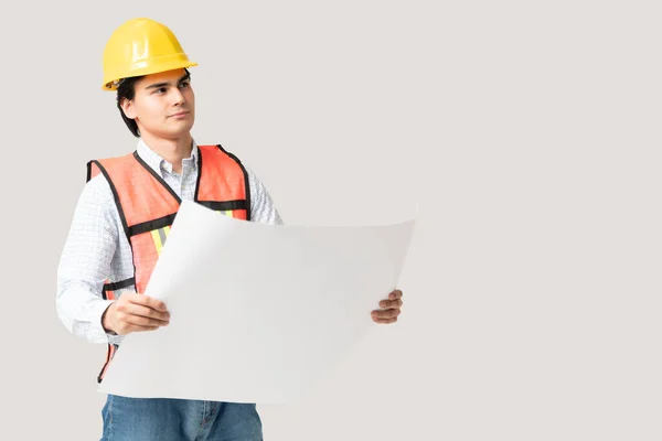 Thoughtful Young Male Civil Engineer Reflective Vest Hardhat Holding Building — Stock Photo, Image