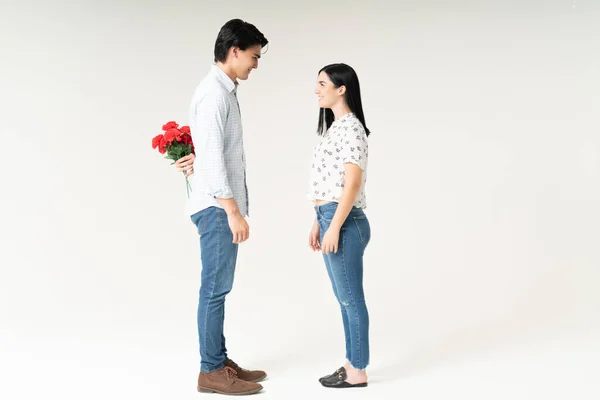 Side View Hispanic Young Man Hiding Bouquet Surprise Girlfriend — Stock Photo, Image