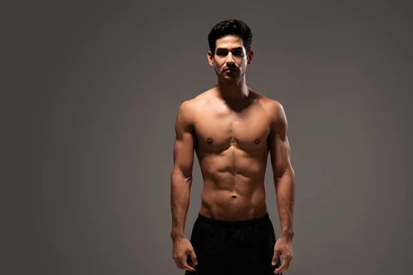 Portrait Shirtless Hispanic Male Athlete Muscular Body Standing Studio — Stock Photo, Image
