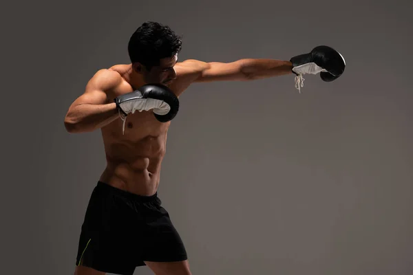 Shirtless Hispanic Young Man Ripped Muscular Body Practicing Boxing — Stock Photo, Image