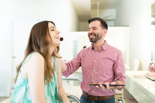 Confident Male Mua Applying Blush Face Pretty Caucasian Young Woman — Stock Photo, Image