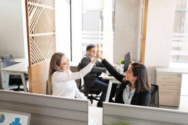 İki başarılı bayan meslektaşı iş yerinde otururken birbirlerine beşlik çakıyor.