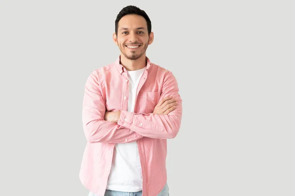 Portrait Good Looking Hispanic Man Casual Clothes Smiling Studio — Stock Photo, Image