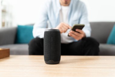 Akıllı telefonu ve bluetooth hoparlörünü akıllı ev sistemine bağlayan bir adama yakın çekim.