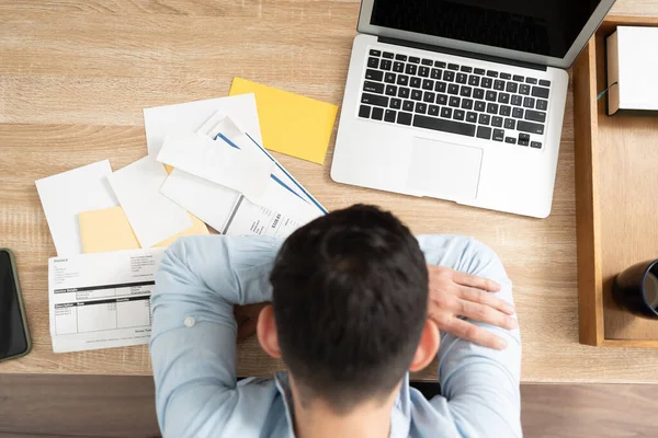 Top View Broke Man Lot Debt Giving Feeling Overwhelmed Front — Stock Photo, Image