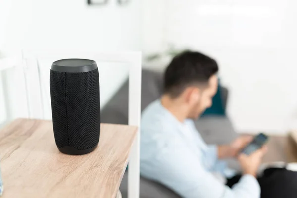 Young Man Setting His Smart Speaker His Home Focus Speaker — Stock Photo, Image