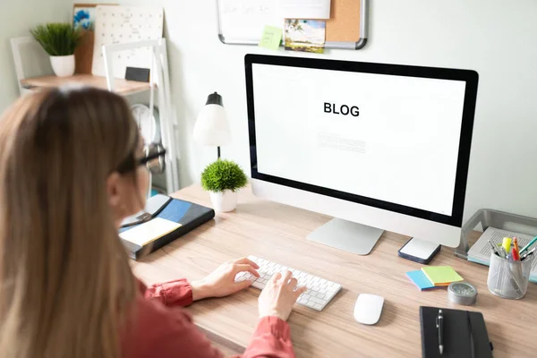 Rear View Female Blogger Content Writer Sitting Front Computer Screen — Stock Photo, Image