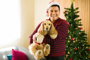 Neşeli köpek babası evdeki Noel ağacının yanında Noel kostümü giymiş evcil hayvanını tutuyor.