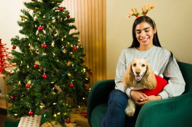Ren geyiği boynuzları takan güzel, genç İspanyol bir kadın boynuzlarını tutuyor, köpeğini elinde tutuyor, yılbaşı kıyafeti giyiyor, Noel ağacının yanında oturuyor.