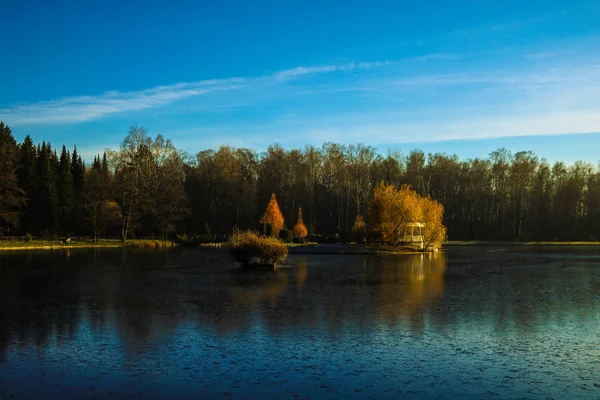 Bela Vista Lago Floresta Refletida Água Contra Céu Azul — Fotografia de Stock