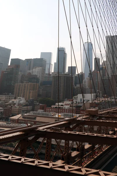 Nueva York Brooklyn Bridge Manhattan Primer Plano Con Rascacielos Horizonte — Foto de Stock