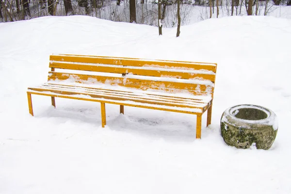 Eine Leere Bank Einem Winterpark Eine Leere Holzbank Park Ringsum — Stockfoto