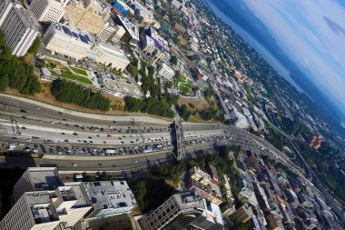 Seattle, ABD, 31 Ağustos 2018: Seattle Cityscape havadan panoramik görünümü.