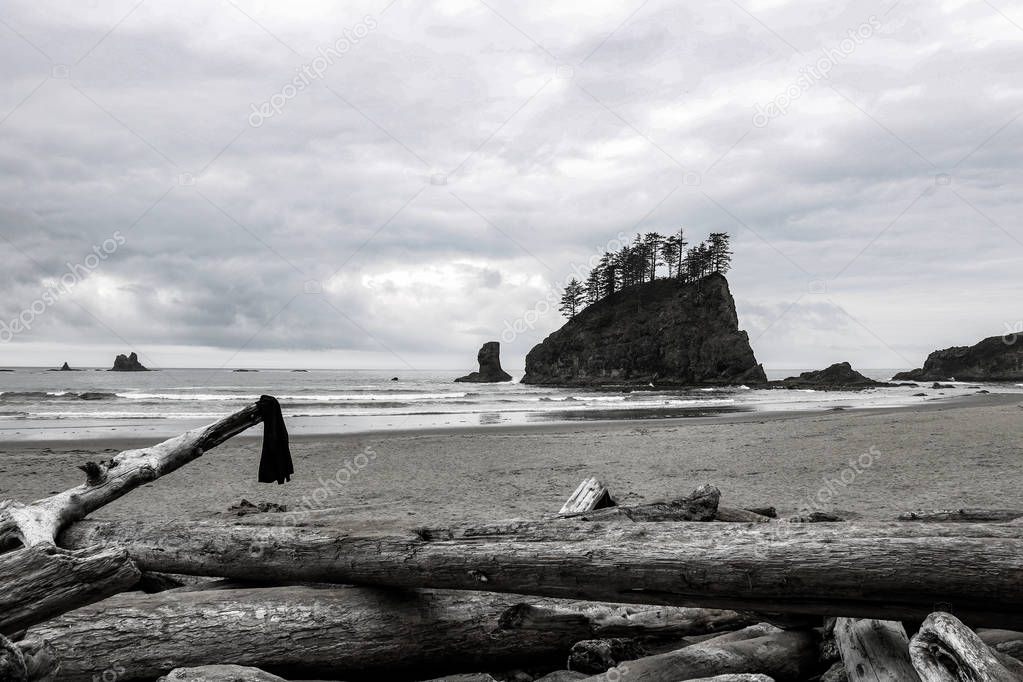 Black and White photo of the second beach in the area of the Olympic National Park, Washington, USA.