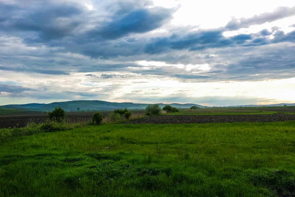 Ciel spectaculaire et prairies verdoyantes, au loin on peut voir des montagnes, fond de nature . — Photo