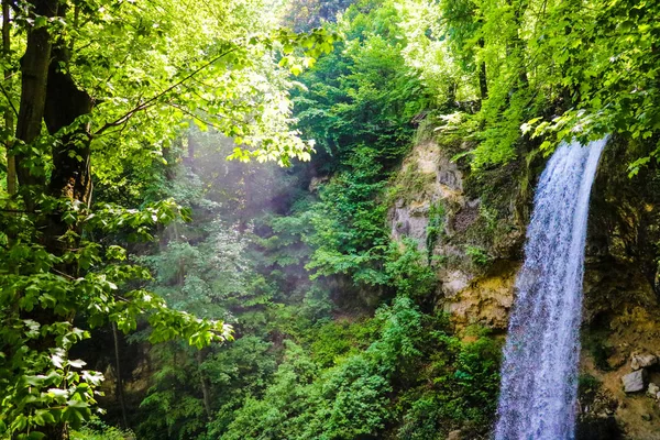La sensation magique d'une cascade dans les forêts les plus vertes par une journée ensoleillée . — Photo