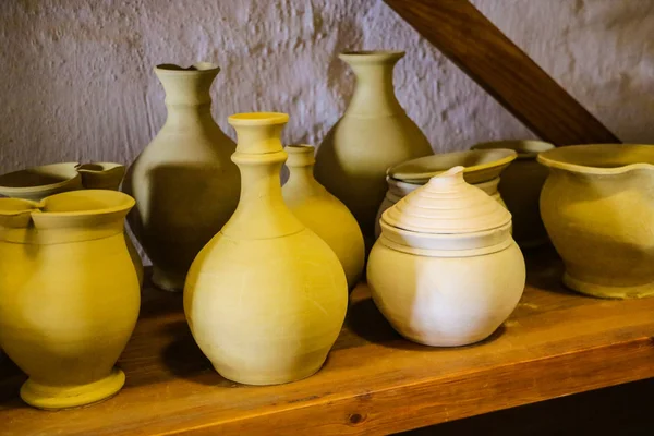 Vases and pottery vessels decorative craft products made of clay and natural ceramic materials. — Stock Photo, Image