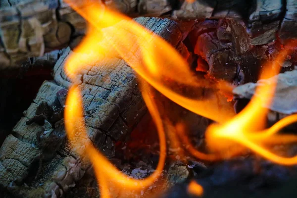 かがり火。火のオレンジ色の炎。煙とグリル上のたき火。放火や自然災害。焚き火を閉めろ。自然の中で火災。焚き火の背景. — ストック写真