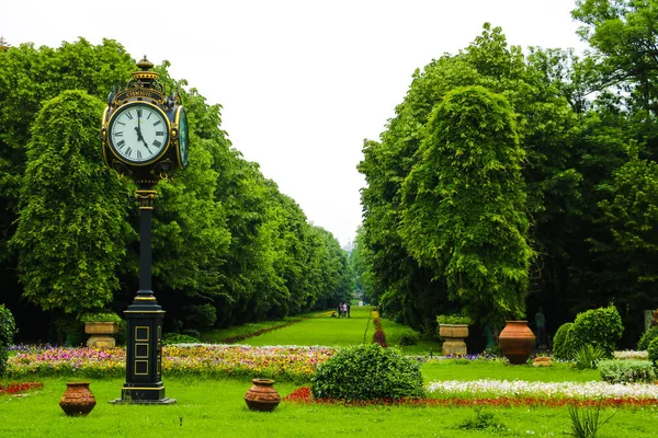 Um jovem parque verde com um belo relógio no centro de Bucareste. Lugares para relaxar e se divertir com sua família . — Fotografia de Stock