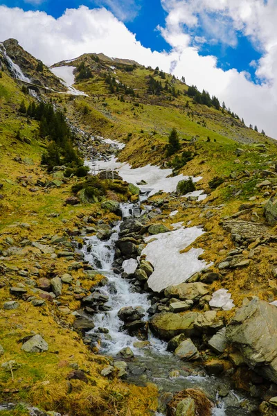山溪沿着山边流淌,白雪. 春天或夏天的自然背景. 有选择的重点. — 图库照片