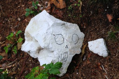 Beyaz taş bir kafatası şeklinde boyanmıştır.