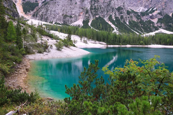 Vista Sul Lago Braies Montagne Dolomitiche Italia Europa — Foto Stock