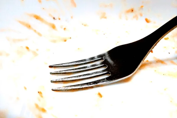 View Dirty White Plate Fork Eating — Stock Photo, Image