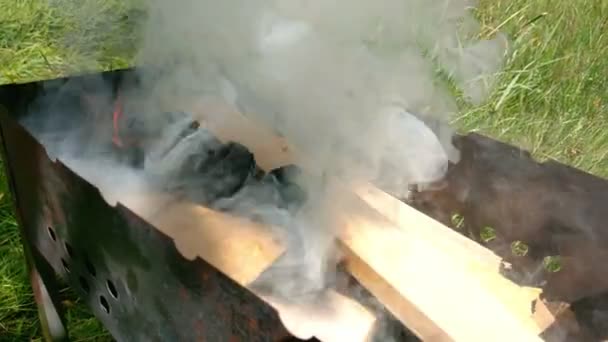 火鉢には白い煙と燃える石炭があります — ストック動画