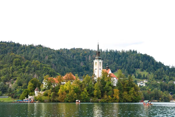 Bela Vista Lago Bled Com Igreja Peregrinação Assunção Maria Uma — Fotografia de Stock