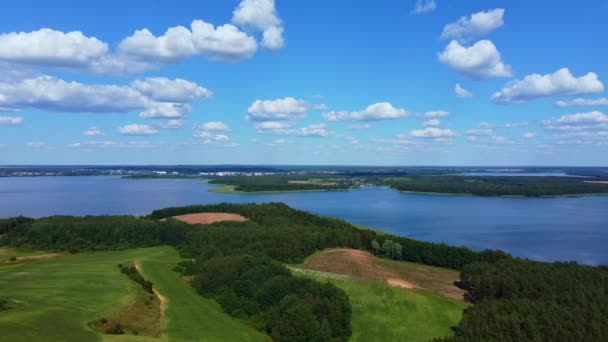 Άποψη Πουλιών Θέα Λίμνη Τον Γαλάζιο Ουρανό Και Δάσος — Αρχείο Βίντεο