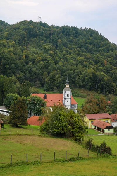 Hegyi Zöld Mezők Ködös Reggelen — Stock Fotó