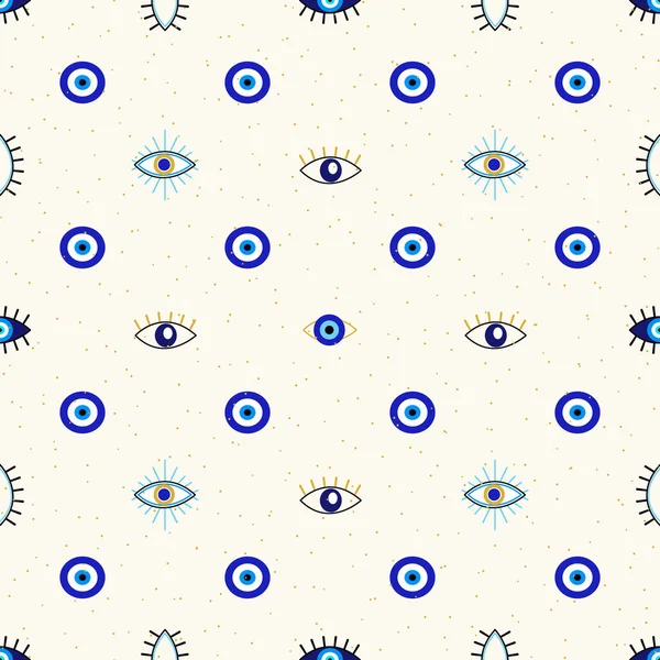 Vector seamless geometric pattern with various evil eyes talismans for protection and good luck. Contemporary modern trendy background for digital paper, textile, texture, wrapping paper. Stock Vector