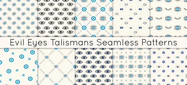 Set of 10 vector seamless patterns with various evil eyes talismans for protection and good luck. Contemporary modern trendy background for digital paper, textile, texture, wrapping paper. Royalty Free Stock Illustrations