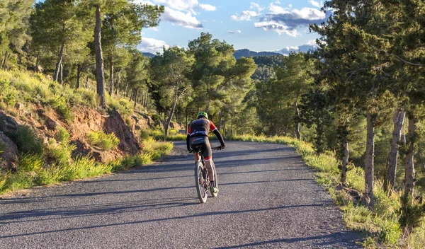 Murcia, Spain - April 9, 2019: Pro road cyclists enduring a difficult mountain ascent on his cool bicycle.