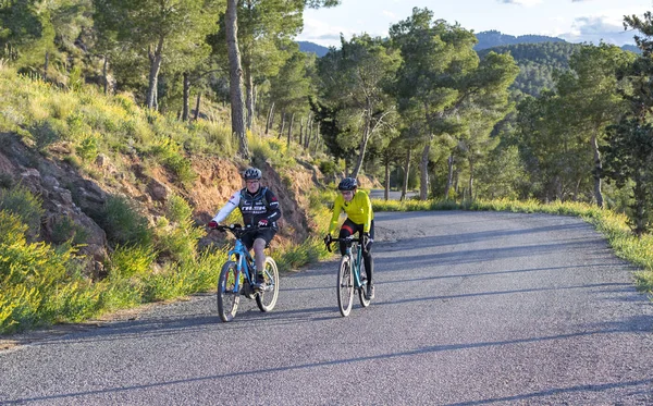 Murcia, Spain - April 9, 2019: Pro road cyclists enduring a difficult mountain ascent on his cool bicycle.