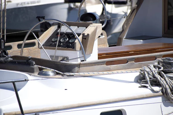 Dashboard and steering wheel of modern yacht