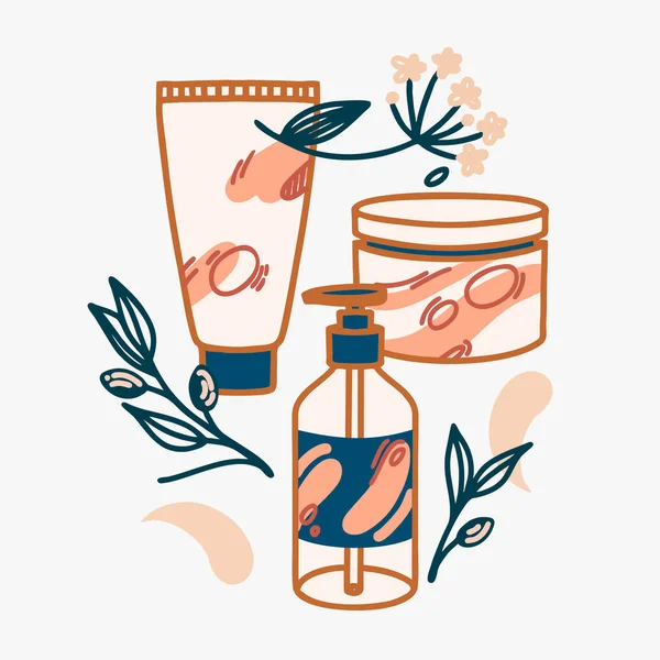 El çizimi vektör illüstrasyon derisi kozmetik tüpleri ve kavanoz. Zeytin ve çiçekli dükkan ve kuaför için doğal makyaj koleksiyonunun Boho çizimi. Pastel renkler
