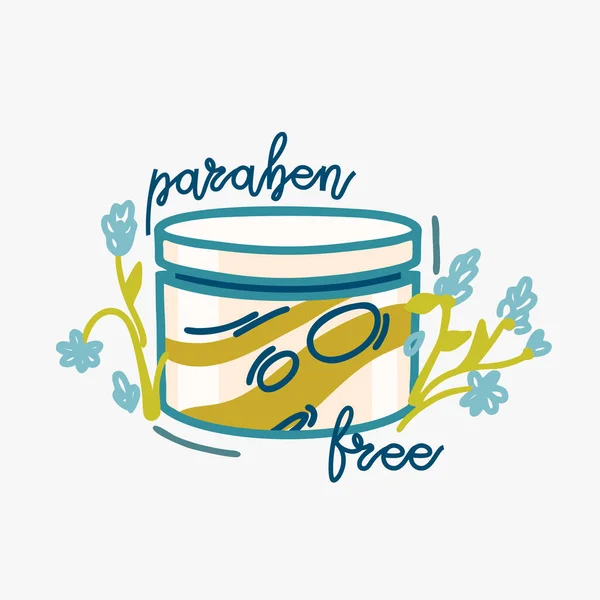El çizimi vektör çizimi kozmetik tüp. Çiçekli ve paraben harfi olmayan bir kavanoz yüz kremi. Sağlıklı cilt için eko bitkisel kozmetik.