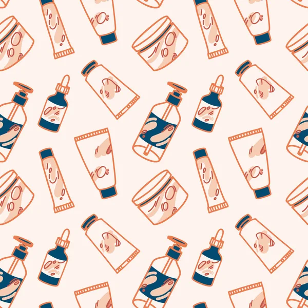 Kozmetik ve makyaj desenleri sanat tarzında. Boho vektör çizimi. Contour çizgileri arka planı. Yağ, yüz kremi, el kremi, jöle, geyik yağı.