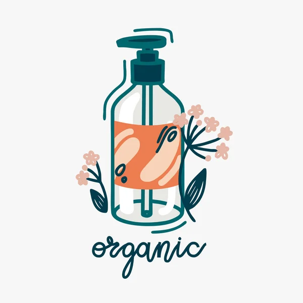 El çizimi vektör illüstrasyon derisi kozmetik şişesi. Bir kavanoz jöle ya da çiçekli sabun ve organik harfler. Sağlıklı cilt için eko bitkisel kozmetik.