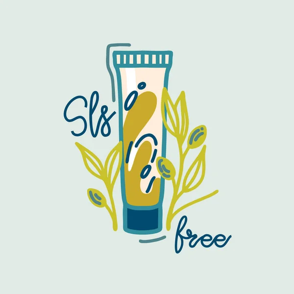 El çizimi vektör çizimi kozmetik tüp. Zeytinli ve SLS yazısız göz ve yüz kremi. Sağlıklı cilt için eko bitkisel kozmetik. Duş jeli ya da losyon karalama çizimi